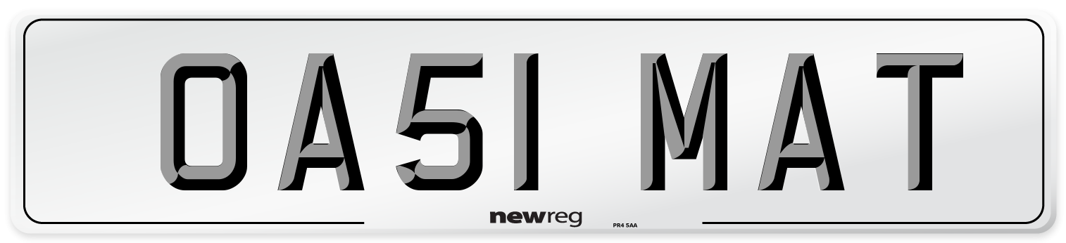 OA51 MAT Number Plate from New Reg
